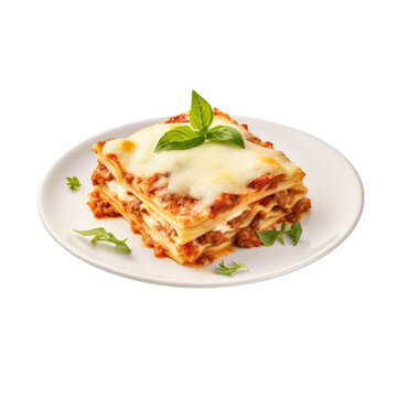Lasagna on a plate isolated on transparent or white background