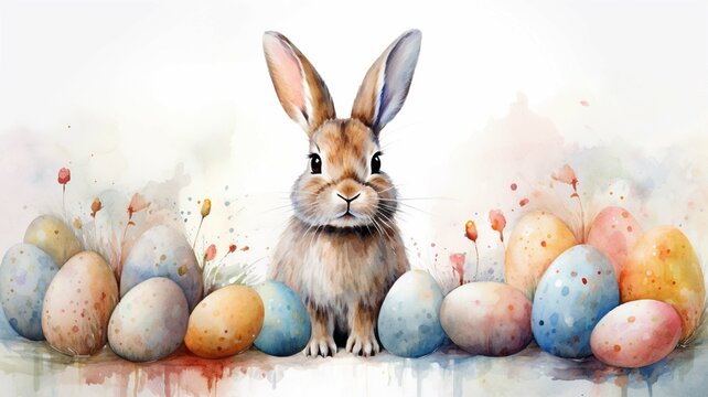 Watercolor image of Easter bunny, Easter eggs, pastel colors