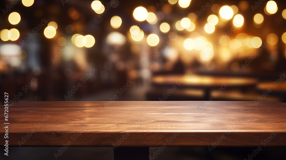 Poster image of wooden table in front of abstract blurred background of resturant lights