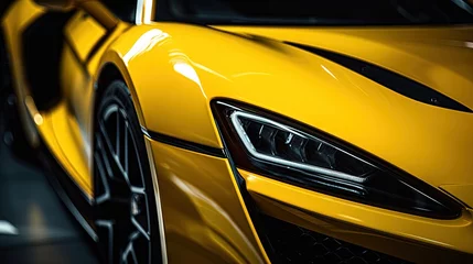 Fotobehang Part of front end of a yellow sport car, headlights and part of wheel showing. Close-up photograph of the body of a yellow super sports car © HN Works