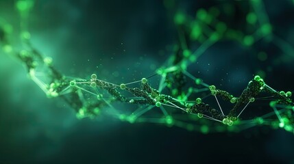 Molecular background with DNA. Network concept. Music sound wave. Big data visualization. Abstract connecting dots on the green backdrop. - obrazy, fototapety, plakaty