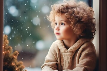 boy looking at the window waiting for Santa Clause, Christmas - obrazy, fototapety, plakaty