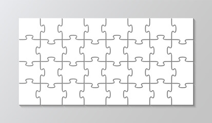 Puzzle template with 4x8 details. Puzzle pieces grid. Jigsaw layout. Laser cut frame. Vector illustration. Thinking mosaic game with 40 separate shapes on background. Paper leisure toy.
