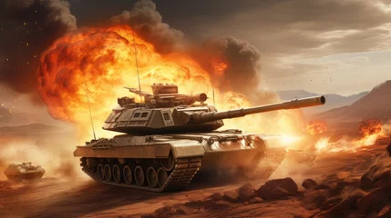 Fototapeten Tanks battle. War Concept. Military silhouettes fighting scene on war fog sky background. Armored vehicles. Generative AI © Rstm