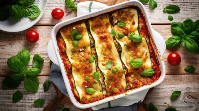 Delicious zucchini lasagna with sauce bolognese in a baking dish on a white wooden bachground. Healthy food. Top view. Selective focus