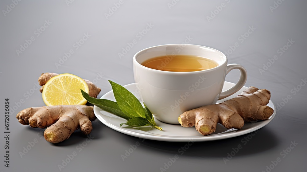 Poster cup of hot ginger tea with ginger root and slices on gray background.