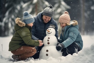 Fototapeta na wymiar Happy family father and children having fun, plaing with a snowman on a snowy winter walk.