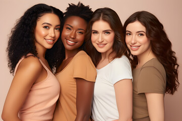 close up of Smiling confident diverse young women isolated on beige background. Happy multi ethnic ladies, four multicultural girls friends beauty underwear models group hugging looking at camera