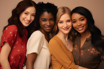 close up of Smiling confident diverse young women isolated on beige background. Happy multi ethnic ladies, four multicultural girls friends beauty underwear models group hugging looking at camera - obrazy, fototapety, plakaty