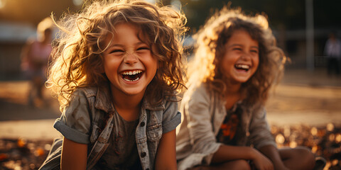 Fototapeta premium Happy children with curly hair smiling happily at the camera in the rays of the sun, street landscape in the background