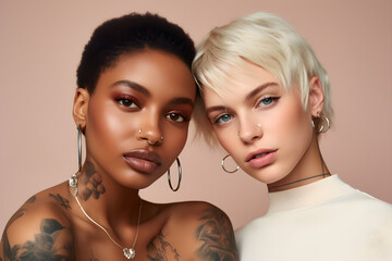 close up of Cool gen z girls cool diverse inclusive faces beauty models faces with piercing tattoos short blond hair isolated on beige background Two African European young women advertising skin care - obrazy, fototapety, plakaty