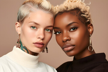 close up of Cool gen z girls cool diverse inclusive faces beauty models faces with piercing tattoos short blond hair isolated on beige background Two African European young women advertising skin care