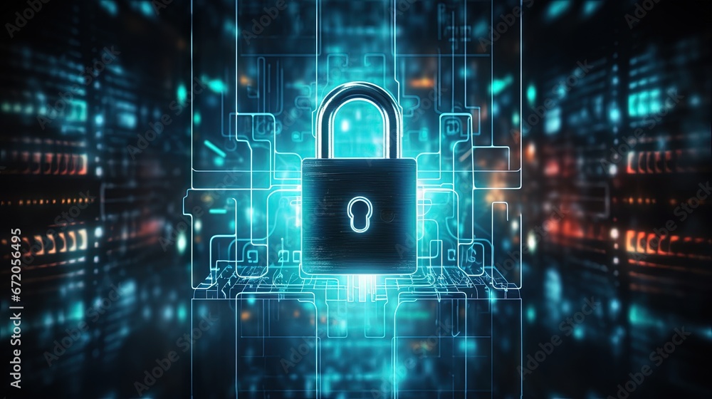 Leinwandbilder User information protection and cyber security concept with digital closed padlock with keyhole inside above virtual multi levels on abstract dark technological background. 3D rendering