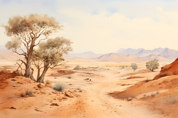 Fototapeta na wymiar watercolour painting of the desert landscape, a picturesque arid environment in soft natural harmonious colours