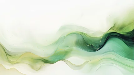 Foto op Aluminium Modern watercolor background or elegant card design for birthday invite or wedding or menu with abstract green ink waves and golden splashes. © HN Works