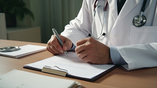 Overhead view of male doctor writing notes, patient's medical history or medicine prescription on clipboard paper during medical exam in hospital office