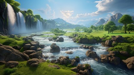 Naklejka na ściany i meble 3d illustration for green grass beautiful landscape and waterfall view