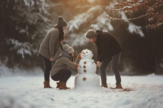 Happy family mother and father and children having fun, plaing with a snowman on a snowy winter walk.
