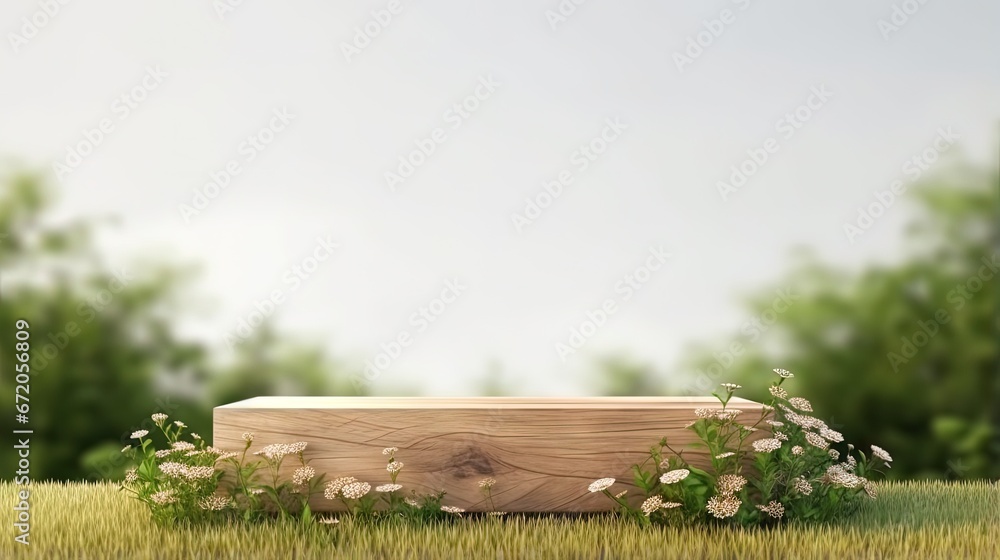 Aufkleber wood podium in meadow for product presentation and on white background.3d rendering