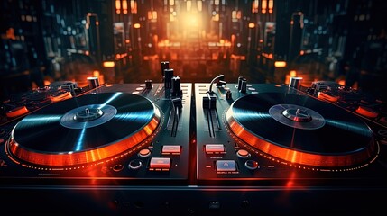 Dj music background. Professional disc jockey headphones and turntable in close up