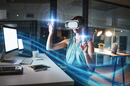 Metaverse, vr and business woman in virtual reality exploring a cyber world in office at night. Futuristic, mockup technology and female employee with ai and software for 3d digital transformation.