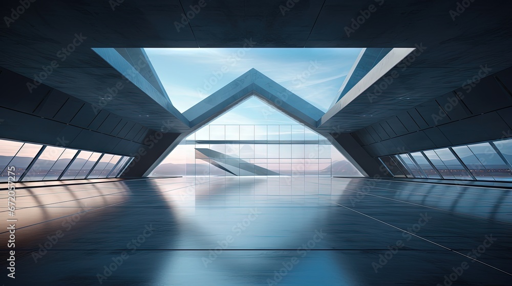 Sticker 3d render of abstract futuristic glass architecture with empty concrete floor.