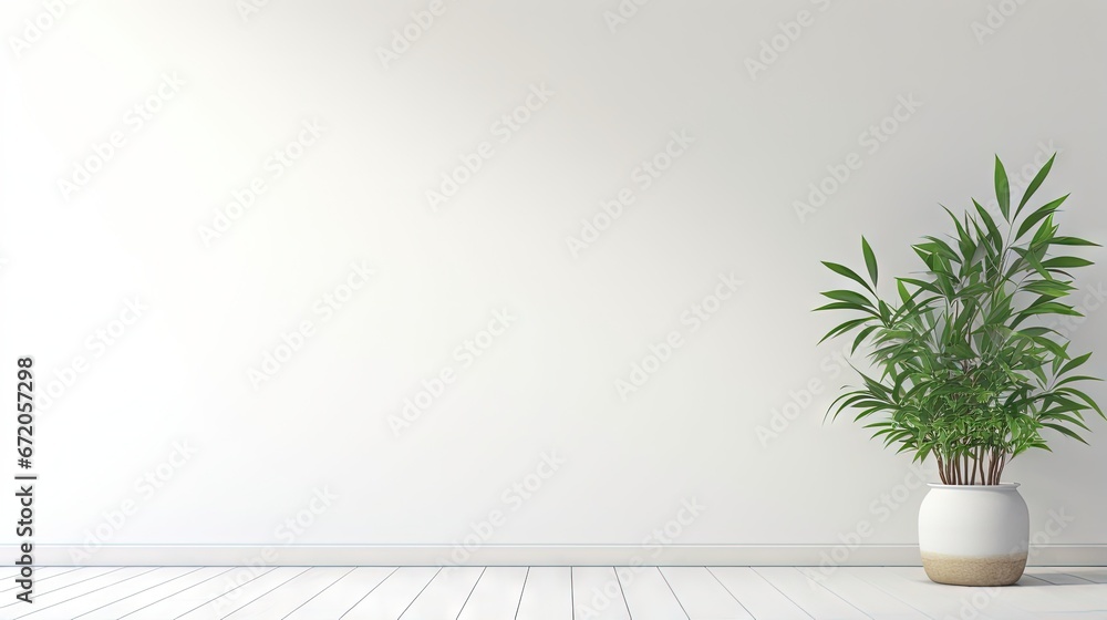 Poster white wall empty room with plants on a floor,3d rendering