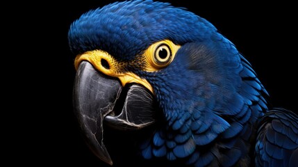 The Hyacinth Macaw (Anodorhynchus hyacinthinus) detail portrait on black background