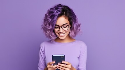 Photo of girl hold telephone look screen typing toothy smile wear violet shirt isolated violet color background
