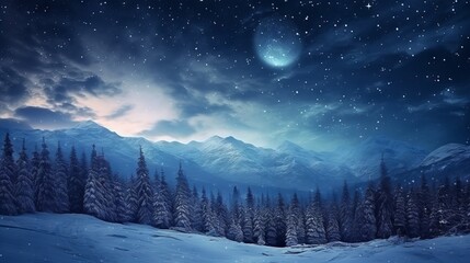 Fototapeta na wymiar Stunning nighttime view of snowy forest and mountains under starry sky and clouds