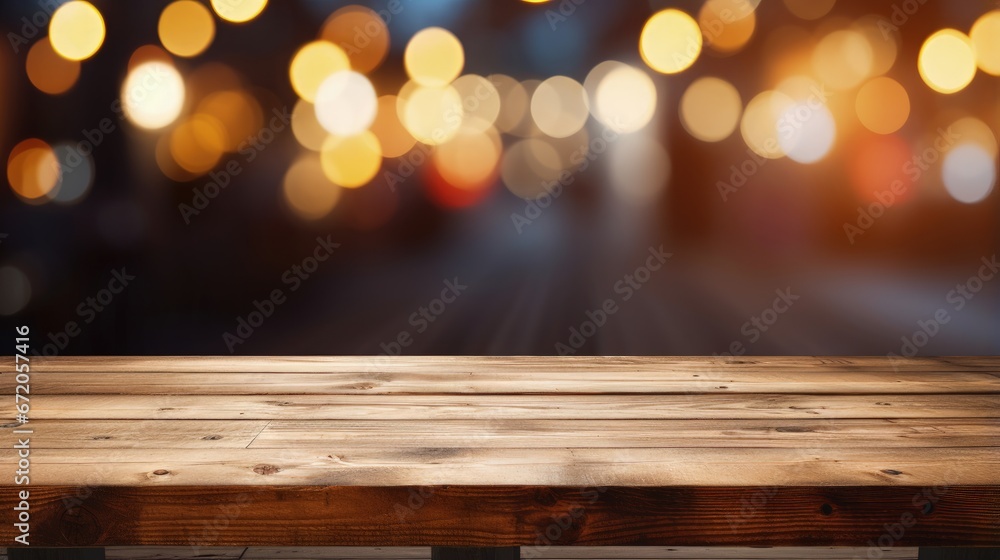 Poster image of wooden table in front of abstract blurred background of resturant lights