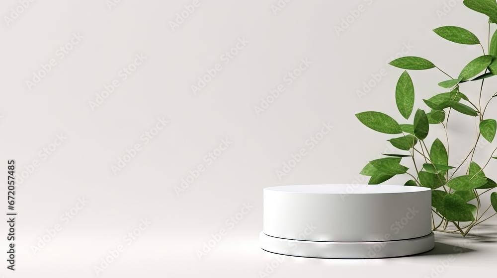Aufkleber Cylindrical podium on a white background with hard shadows and leaves. Minimal empty scene of cosmetic products presentation. Geometric podium.