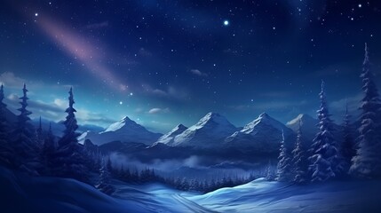 Fototapeta premium Stunning nighttime view of snowy forest and mountains under starry sky and clouds