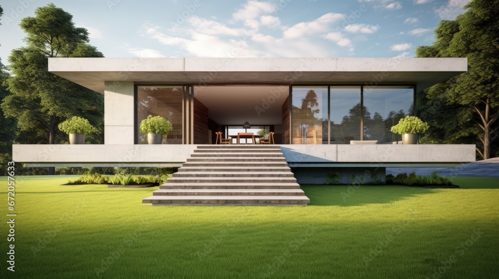 Poster house with concrete terrace near empty grass floor. 3d rendering of green lawn in modern home.