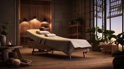 Stylish room interior with massage table in spa salon - Powered by Adobe
