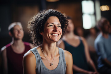 Obraz premium woman smiling in yoga class with people in the background. relax 