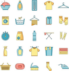 Laundry service icons set. Outline illustration of 25 laundry service vector icons thin line color flat on white