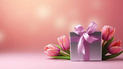 Beautiful greeting card for International Women's Day celebration with gift on color background