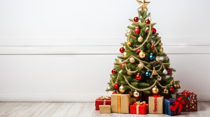 Fototapeta na wymiar Christmas tree with shiny baubles and presents on wooden floor and white wall background with copy space