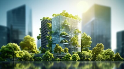 Selective focus on tree and eco friendly building with vertical garden in modern city. Green tree forest on sustainable glass building. Office building with green environment. Go green concept.