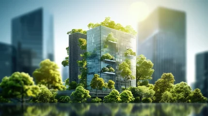 Foto op Plexiglas Selective focus on tree and eco friendly building with vertical garden in modern city. Green tree forest on sustainable glass building. Office building with green environment. Go green concept. © HN Works