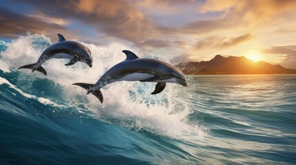Fototapeta premium Four beautiful dolphins jumping over breaking waves. Hawaii Pacific Ocean wildlife scenery. Marine animals in natural habitat.