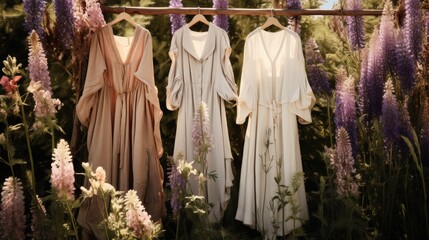 Natural colored dresses hanging on on a tree in the garden with lupine flowers. Concept organic clothes, eco-friendly, ecological fashion.