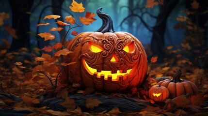 Halloween pumpkin and autumn leaves for a cozy mood