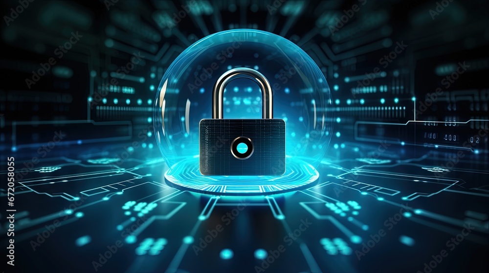 Poster Cyber security.Digital padlock icon,Cyber security technology network data protection technology virtual dashboard.Online internet authorized access against cyber attack privacy business data concept.