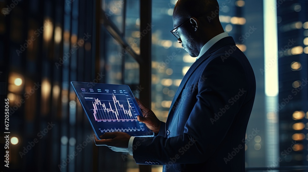 Poster businessman using tablet analyzing sales data and economic growth graph chart. business planning and