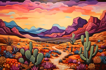 Cercles muraux Montagnes colourful cartoon style painting of the desert landscape