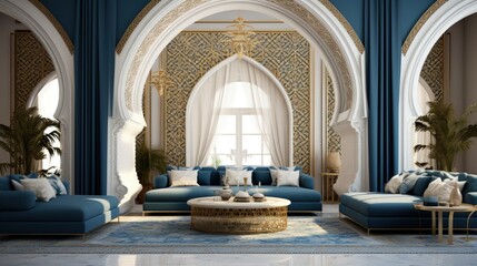 Arabic,Islamic style living room interior design with arch and arabic pattern.3d rendering