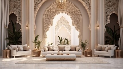 Arabic,Islamic style living room interior design with arch and arabic pattern.3d rendering - obrazy, fototapety, plakaty