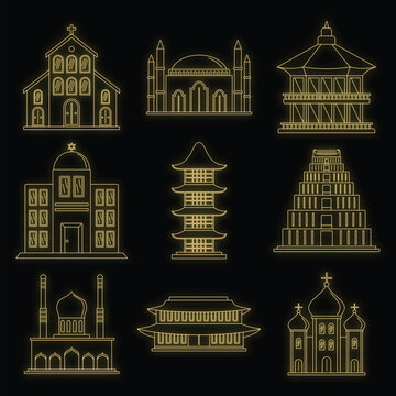 Temple tower castle icons set. Outline illustration of 9 temple tower castle vector icons neon color on black